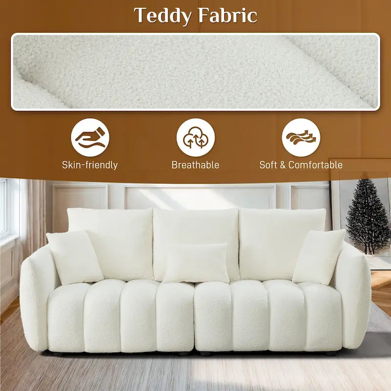 Overstuffed Upholstered Deep Seat Soft Fabric Sofa with 3 Pillows
