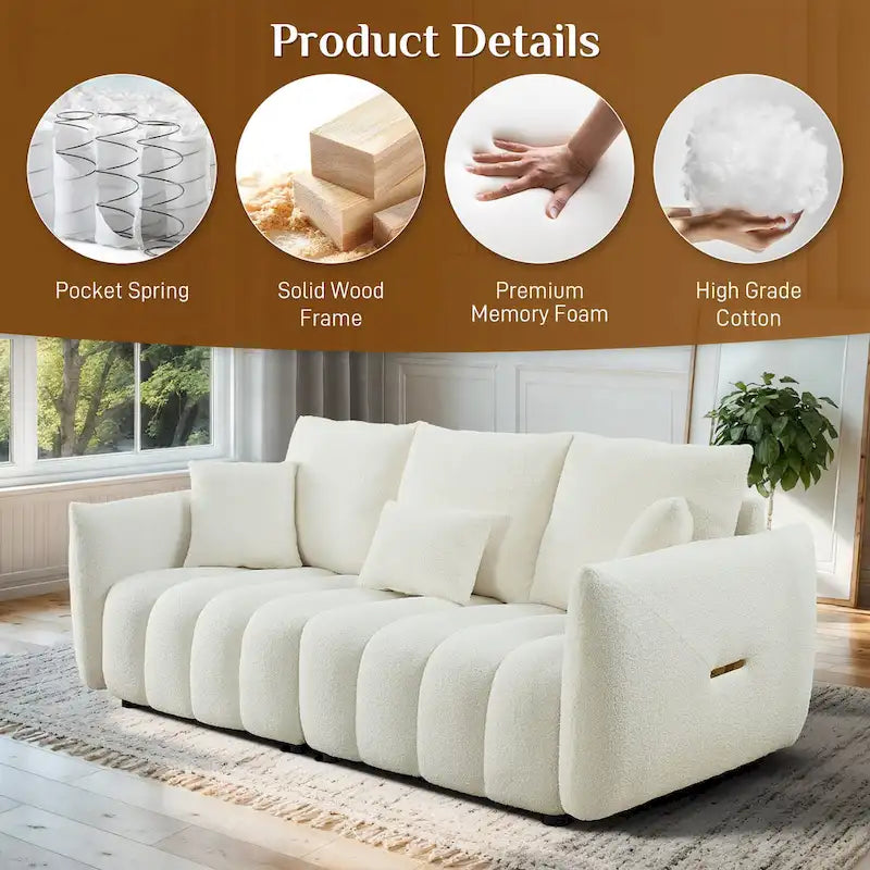 Overstuffed Upholstered Deep Seat Soft Fabric Sofa with 3 Pillows