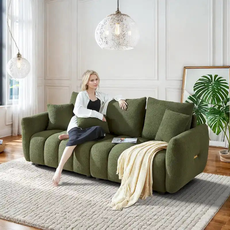 Overstuffed Upholstered Deep Seat Soft Fabric Sofa with 3 Pillows