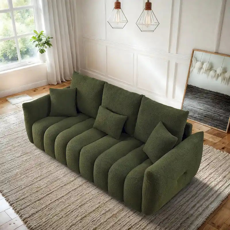 Overstuffed Upholstered Deep Seat Soft Fabric Sofa with 3 Pillows
