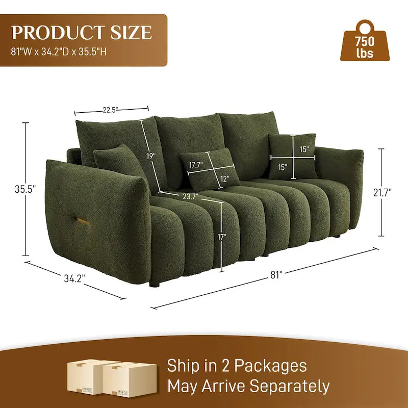 Overstuffed Upholstered Deep Seat Soft Fabric Sofa with 3 Pillows