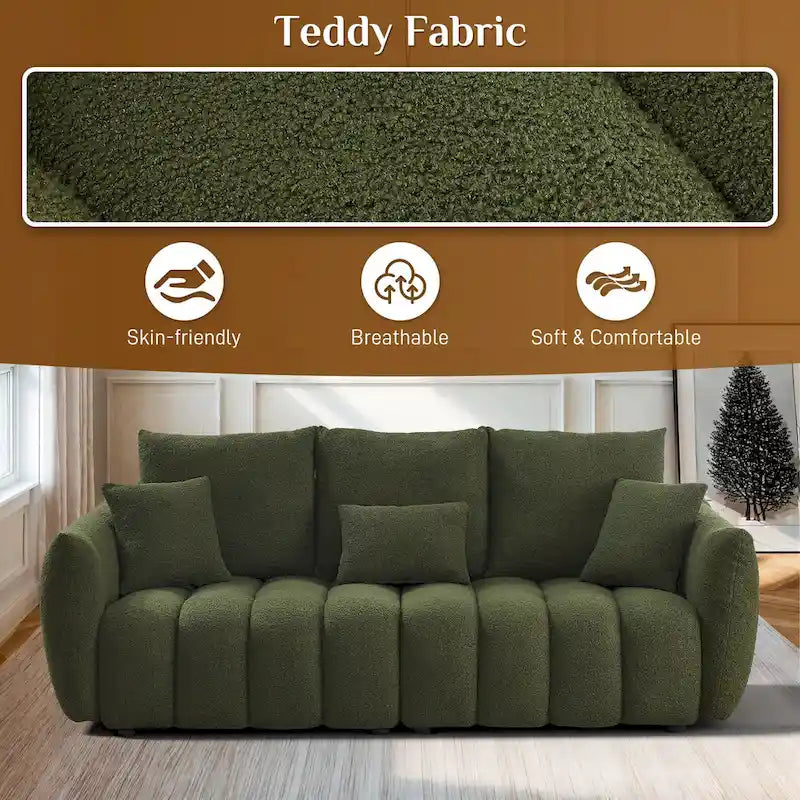 Overstuffed Upholstered Deep Seat Soft Fabric Sofa with 3 Pillows