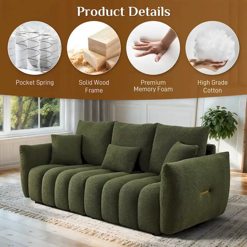 Overstuffed Upholstered Deep Seat Soft Fabric Sofa with 3 Pillows