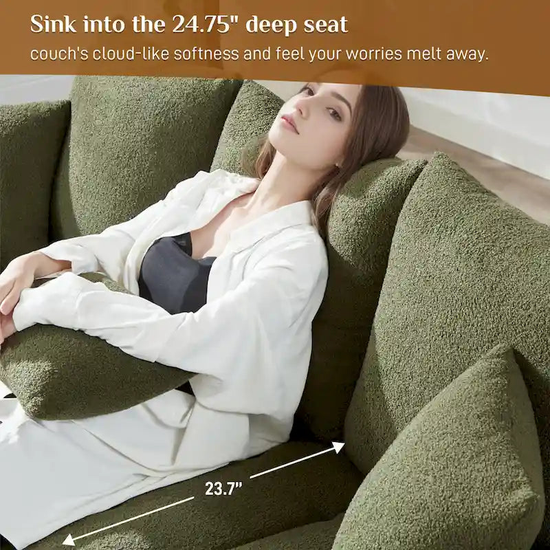Overstuffed Upholstered Deep Seat Soft Fabric Sofa with 3 Pillows