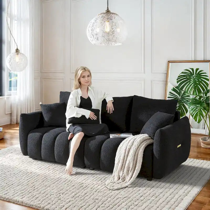 Overstuffed Upholstered Deep Seat Soft Fabric Sofa with 3 Pillows