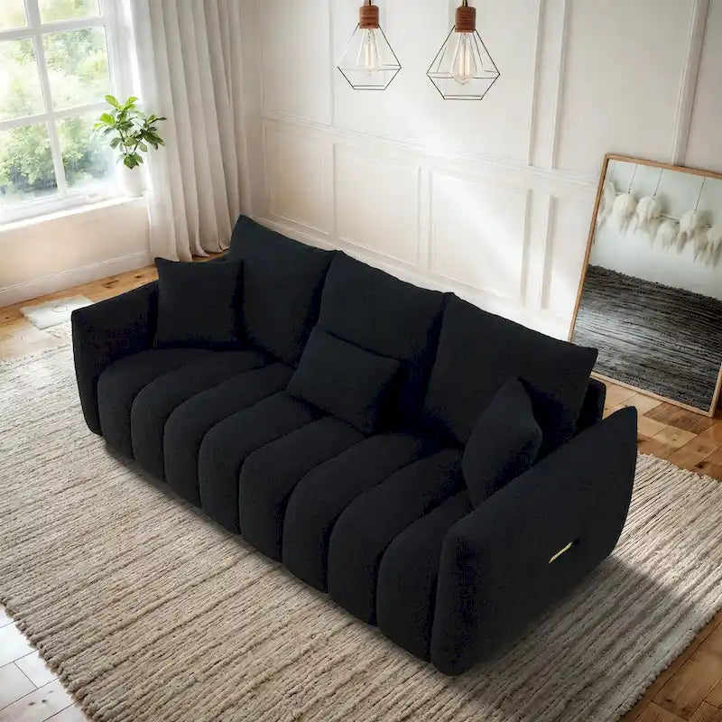 Overstuffed Upholstered Deep Seat Soft Fabric Sofa with 3 Pillows