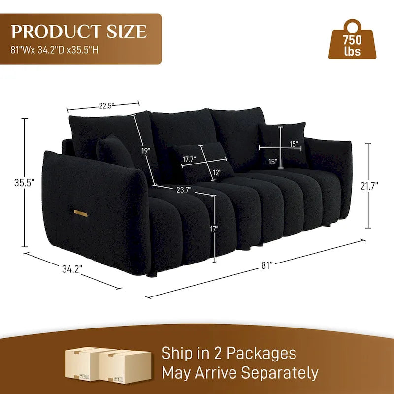 Overstuffed Upholstered Deep Seat Soft Fabric Sofa with 3 Pillows