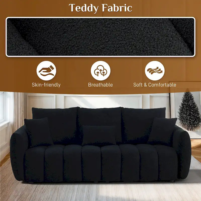 Overstuffed Upholstered Deep Seat Soft Fabric Sofa with 3 Pillows