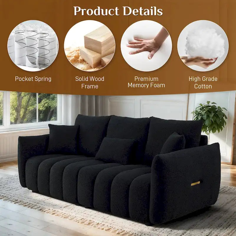 Overstuffed Upholstered Deep Seat Soft Fabric Sofa with 3 Pillows