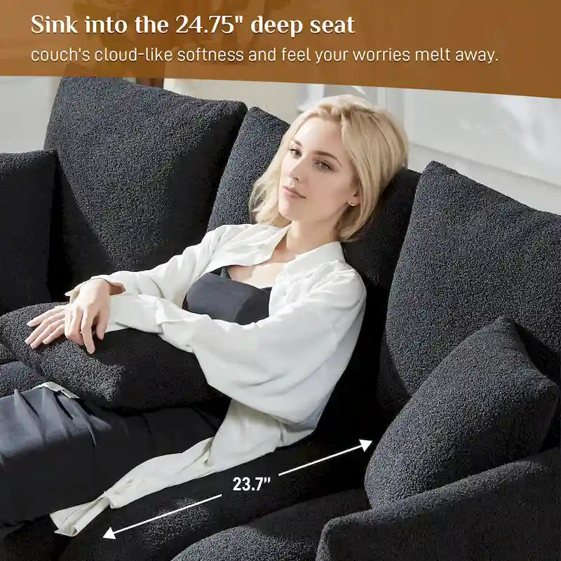 Overstuffed Upholstered Deep Seat Soft Fabric Sofa with 3 Pillows