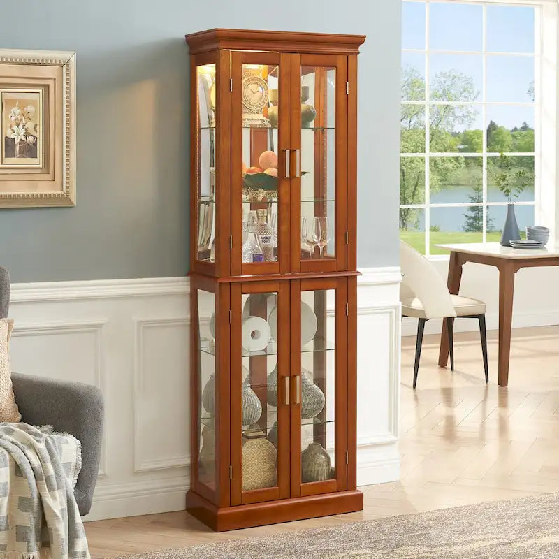 Curio Cabinet Lighted Curio Diapaly Cabinet with Adjustable Shelves, Tempered Glass Doors(E26 light bulb not included)