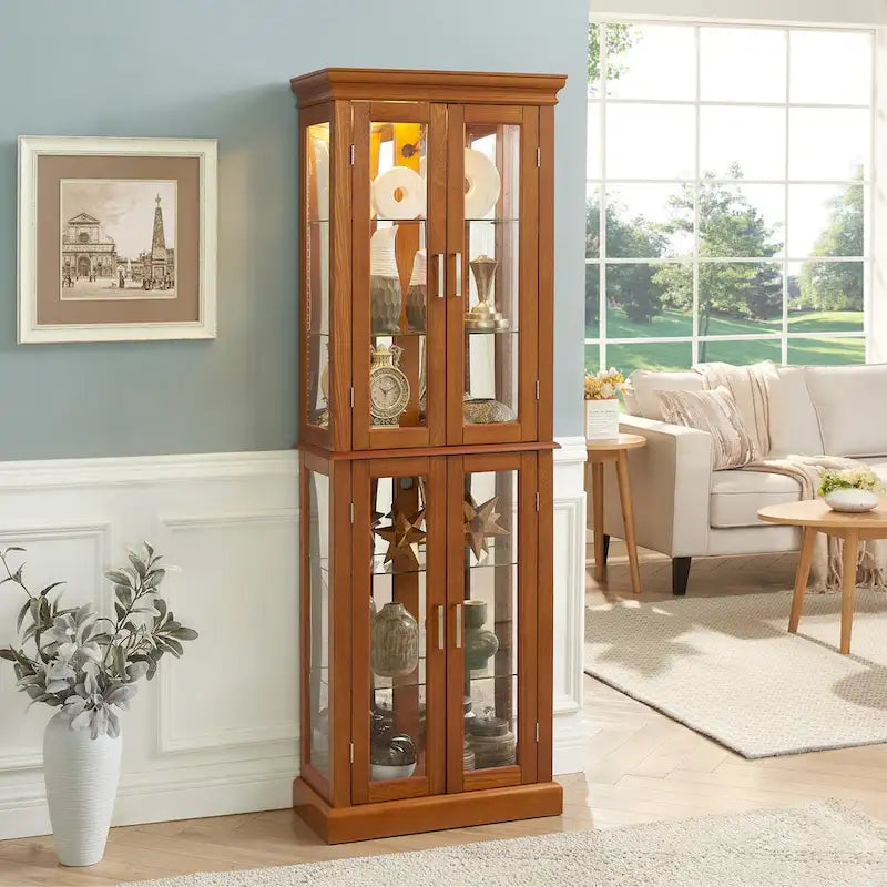 Curio Cabinet Lighted Curio Diapaly Cabinet with Adjustable Shelves, Tempered Glass Doors(E26 light bulb not included)