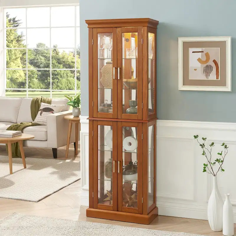 Curio Cabinet Lighted Curio Diapaly Cabinet with Adjustable Shelves, Tempered Glass Doors(E26 light bulb not included)