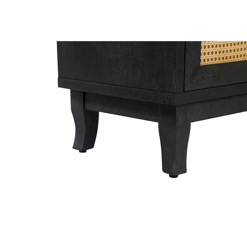 Black Rattan Sideboard Buffet Cabinet with Handcrafted Premium Grain Panels, 4 Rattan Doors and Adjustable Shelves