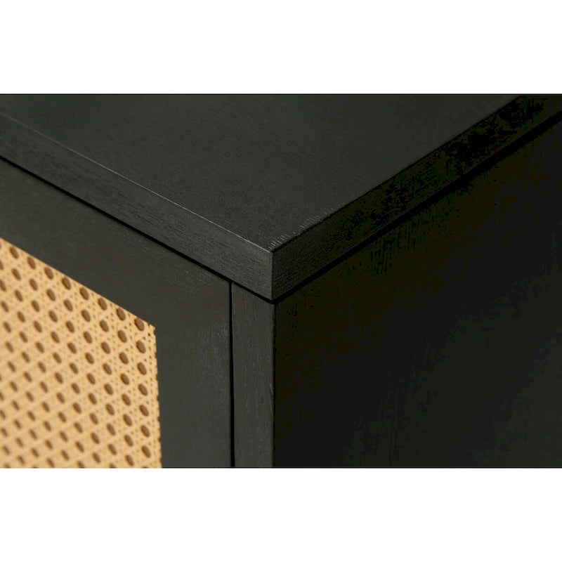 Black Rattan Sideboard Buffet Cabinet with Handcrafted Premium Grain Panels, 4 Rattan Doors and Adjustable Shelves