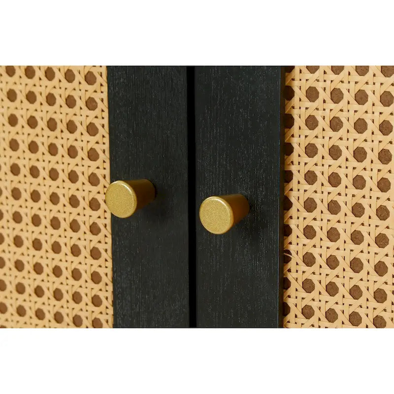 Black Rattan Sideboard Buffet Cabinet with Handcrafted Premium Grain Panels, 4 Rattan Doors and Adjustable Shelves