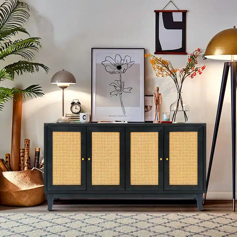 Black Rattan Sideboard Buffet Cabinet with Handcrafted Premium Grain Panels, 4 Rattan Doors and Adjustable Shelves