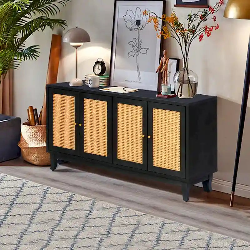 Black Rattan Sideboard Buffet Cabinet with Handcrafted Premium Grain Panels, 4 Rattan Doors and Adjustable Shelves