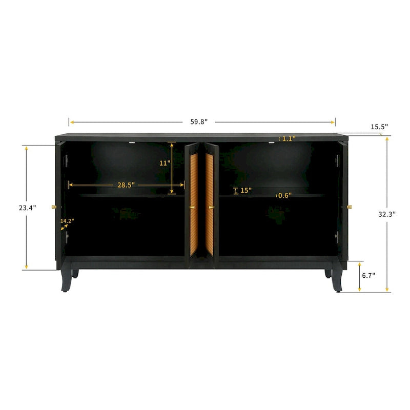 Black Rattan Sideboard Buffet Cabinet with Handcrafted Premium Grain Panels, 4 Rattan Doors and Adjustable Shelves